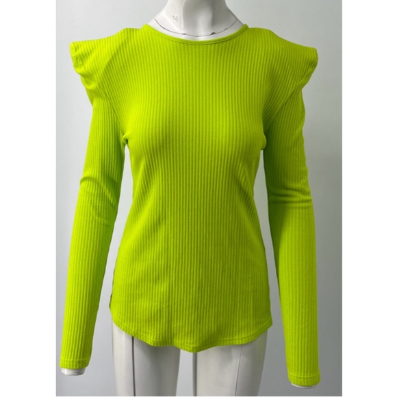 Balmain Acid Green Ribbed Padded-Shoulder Long Sleeve Sweater sz 38 NWT